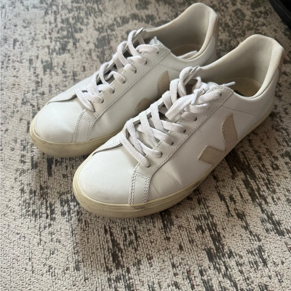 Veja White Leather Sneakers with Beige V Accent - Picture 1 of 4